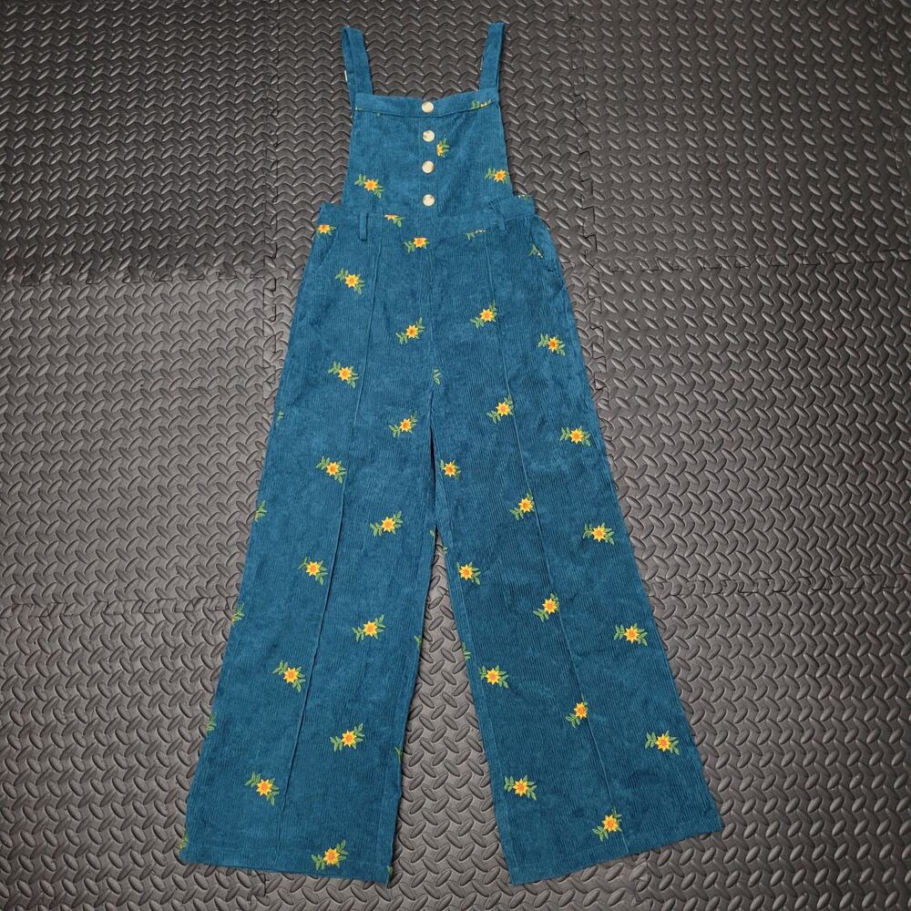 Cider Floral Embroidered Corduroy Overalls Medium Wide Leg Jumpsuit Cottagecore
